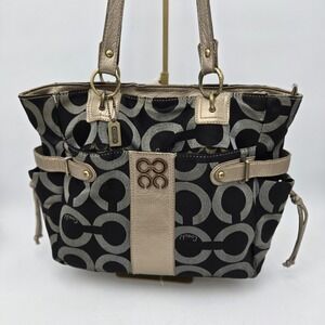 Coach Large Shoulder Bag New Logo Black Gray  Gold Metal C 16 X 10 Worn Straps